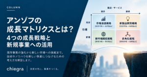 アンゾフの成長マトリクスの4つの戦略と、新規事業への活用を解説するchiegraのコラム記事アイキャッチ画像